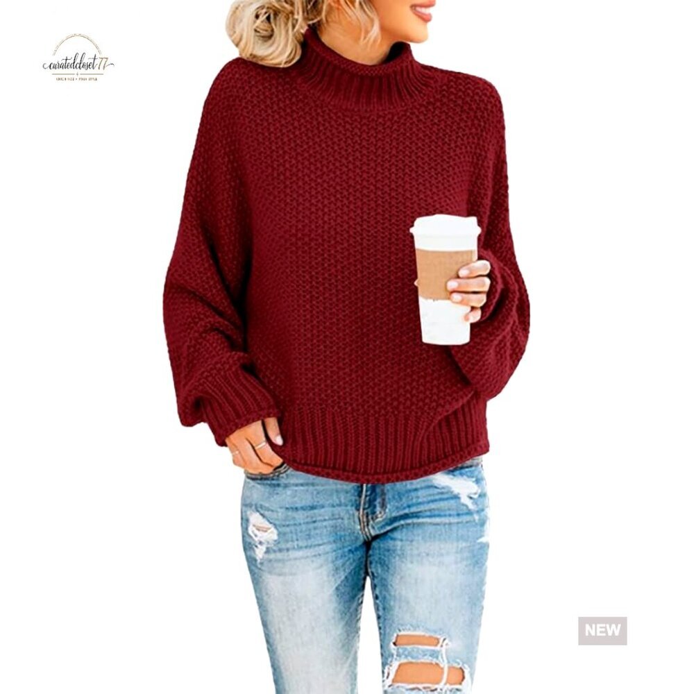 Oversized Turtleneck Sweater Chunky Knit Pullover Batwing Sleeve Loose Fit